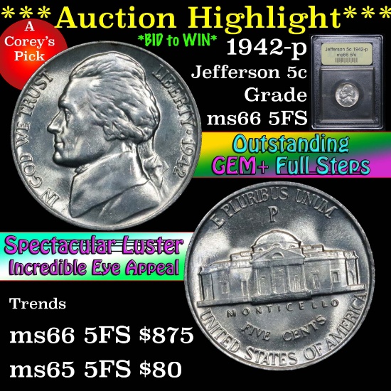 1942-p Jefferson Nickel 5c Graded GEM+ 5fs by USCG (fc)