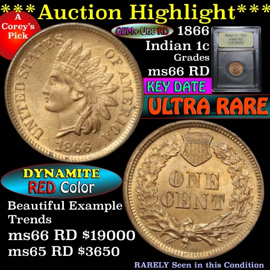 ***Auction Highlight*** 1866 Indian Cent 1c Graded GEM+ Unc RD by USCG (fc)