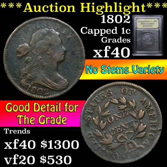 ***Auction Highlight*** 1802 no stems Draped Bust Large Cent 1c Graded xf by USCG (fc)