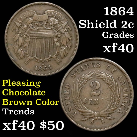 1864 2 Cent Piece 2c Grades xf