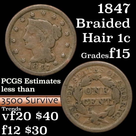 1847 Braided Hair Large Cent 1c Grades f+