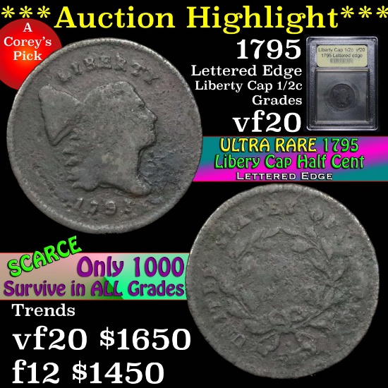 ***Auction Highlight*** 1795 Lettered edge Liberty Cap half cent 1/2c Graded vf, very fine USCG (fc)