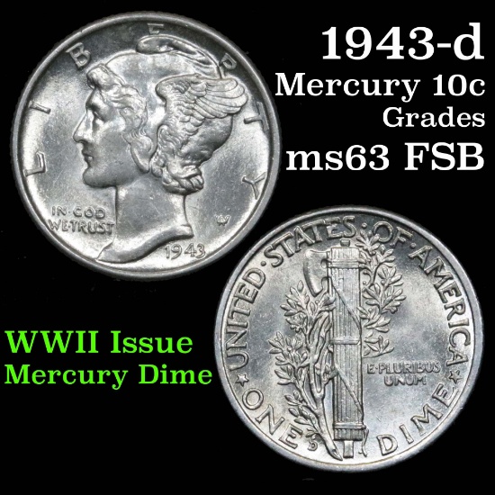 1943-d Mercury Dime 10c Grades Select Unc FSB
