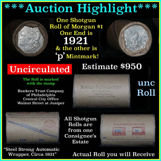 ***Auction Highlight*** Morgan dollar roll ends 1921 & 'p', AU/Unc roll (fc)