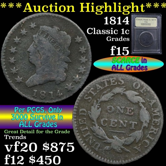 ***Auction Highlight*** 1814 Crosslet 4 Classic Head Large Cent 1c Graded f+ by USCG (fc)