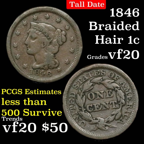 1846 Braided Hair Large Cent 1c Grades vf, very fine