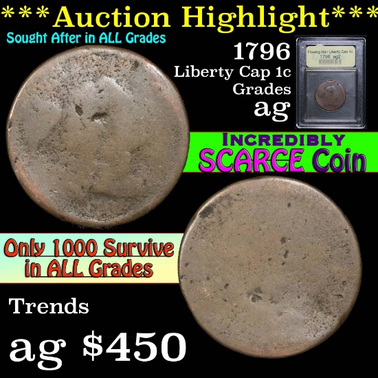 1796 Flowing Hair Liberty Cap large cent 1c Graded ag, Almost good by USCG (fc)