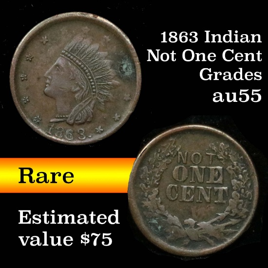 1863 Indian, Not One Cent Patriotic Token F#: 86/357 Civil War Token Grades Choice AU