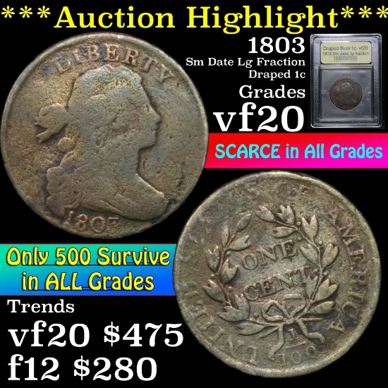 1803 Sm date, lg fraction Draped Bust Large Cent 1c Graded vf, very fine by USCG (fc)