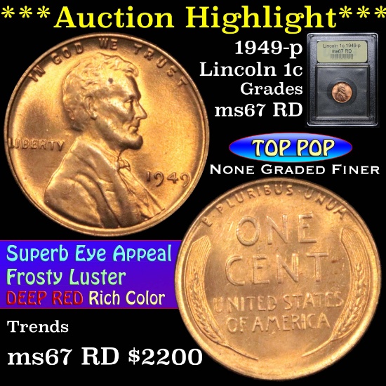 ***Auction Highlight*** TOP POP! 1949-p Lincoln Cent 1c Graded GEM++ Unc RD by USCG (fc)