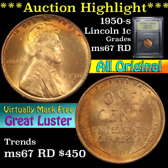 1950-s Lincoln Cent 1c Graded GEM++ Unc RD by USCG (fc)