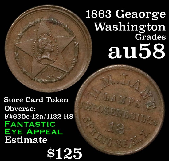 1863 George Washington obverse F#630c-12a/1132 R8 Store Card Token Grades Choice AU/BU Slider
