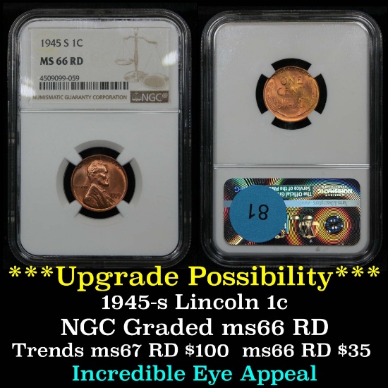 NGC 1945-s Lincoln Cent 1c Graded ms66 RD By NGC