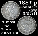 1887-p Seated Liberty Dime 10c Grades AU, Almost Unc