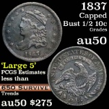 1837 Lg 5 Capped Bust Half Dime 1/2 10c Grades AU, Almost Unc