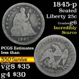 1845-p Seated Liberty Quarter 25c Grades g+