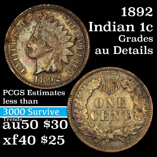 1892 Indian Cent 1c Grades AU Details