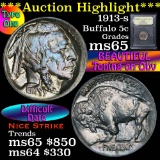 ***Auction Highlight*** 1913-s Ty1 Buffalo Nickel 5c Graded GEM Unc by USCG (fc)