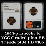 NGC 1942-p Lincoln Cent 1c Graded pr64 RB By NGC