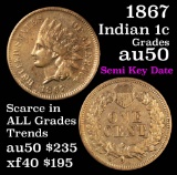 1867 Indian Cent 1c Grades AU, Almost Unc (fc)