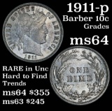 1911-d Barber Dime 10c Grades Choice Unc (fc)