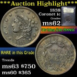 1838 Coronet Head Large Cent 1c Graded Select Unc by USCG (fc)