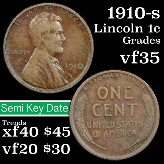 1910-s Lincoln Cent 1c Grades vf++