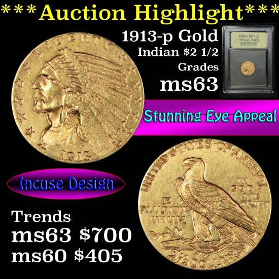***Auction Highlight*** 1913-p Gold Indian Quarter Eagle $2 1/2 Graded Select Unc by USCG (fc)