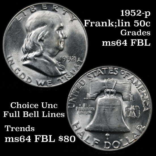 1952-p Franklin Half Dollar 50c Grades Choice Unc FBL