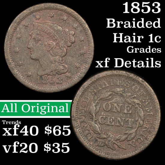 1853 Braided Hair Large Cent 1c Grades xf details