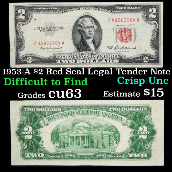 1953-A $2 Red Seal Legal Tender Note Grades cu63, crisp unc