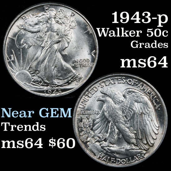 1943-p Walking Liberty Half Dollar 50c Grades Choice Unc