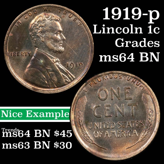 1919-p Lincoln Cent 1c Grades Choice Unc BN