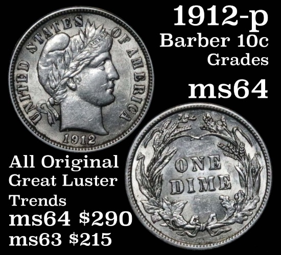 1912-p Barber Dime 10c Grades Choice Unc