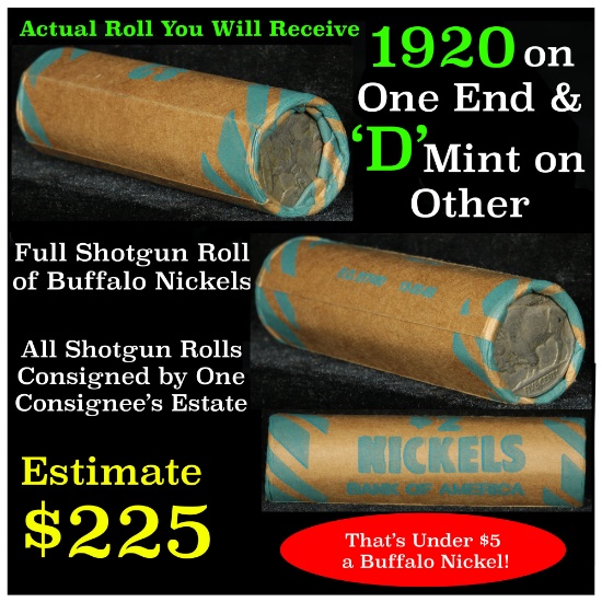 Full roll of Buffalo Nickels, 1927 & 'd' Mint Ends Grades Avg Circ (fc)