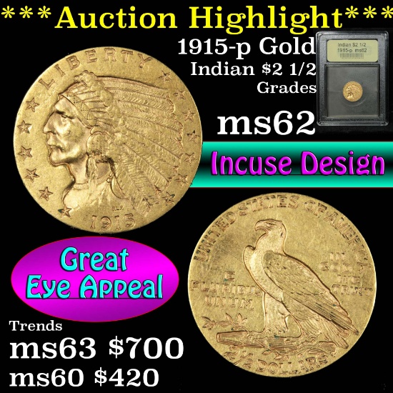 ***Auction Highlight*** 1915-p Gold Indian Quarter Eagle $2 1/2 Graded Select Unc by USCG (fc)
