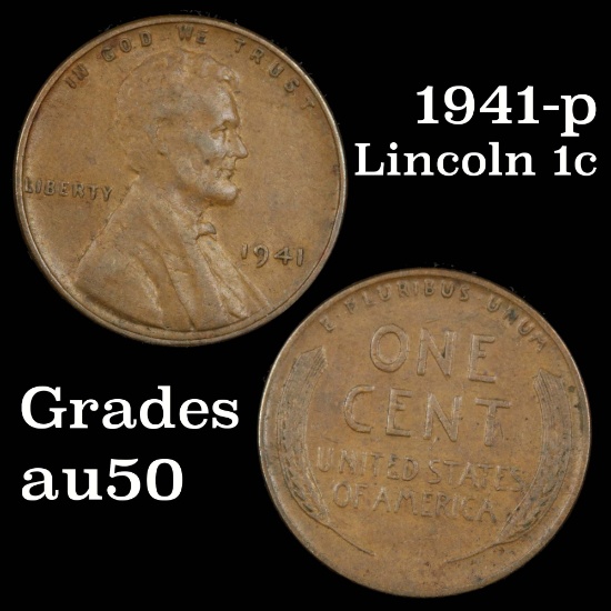 1941-p Lincoln Cent 1c Grades AU, Almost Unc