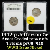 ANACS 1942 Jefferson Nickel 5c Graded pr66 5.5fs by Anacs