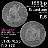 1853-p Arr & Rays Seated Liberty Quarter 25c Grades f+