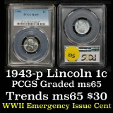 PCGS 1943-p Lincoln Cent 1c Graded ms65 by PCGS