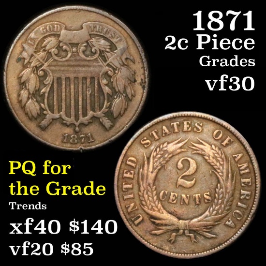 1871 2 Cent Piece 2c Grades vf++
