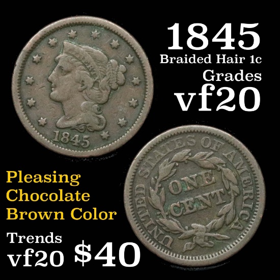 1845 Braided Hair Large Cent 1c Grades vf, very fine