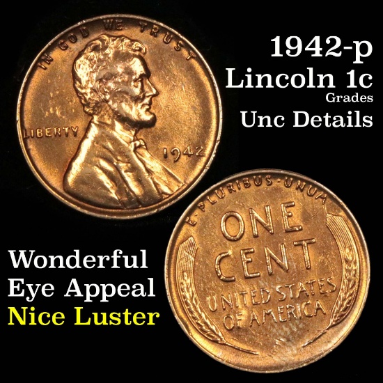 1942-p Lincoln Cent 1c Grades Unc Details