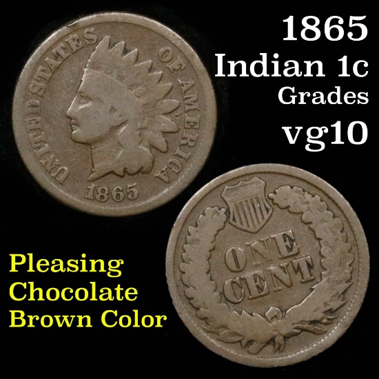 1865 Indian Cent 1c Grades vg+