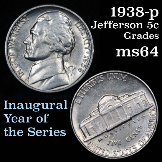 1938-p Jefferson Nickel 5c Grades Choice Unc