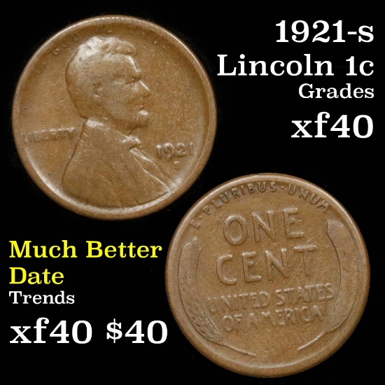 1921-s Lincoln Cent 1c Grades xf