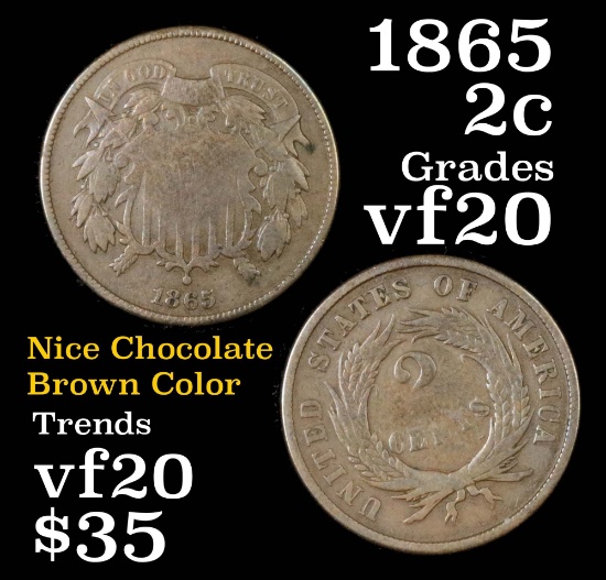 1865 2 Cent Piece 2c Grades vf, very fine