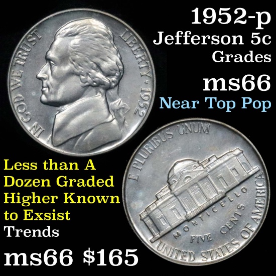 1952-p Jefferson Nickel 5c Grades GEM+ Unc