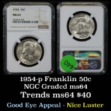 NGC 1954-p Franklin Half Dollar 50c Graded ms64 By NGC