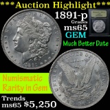 ***Auction Highlight*** 1891-p Morgan Dollar $1 Graded Gem Unc by USCG (fc)